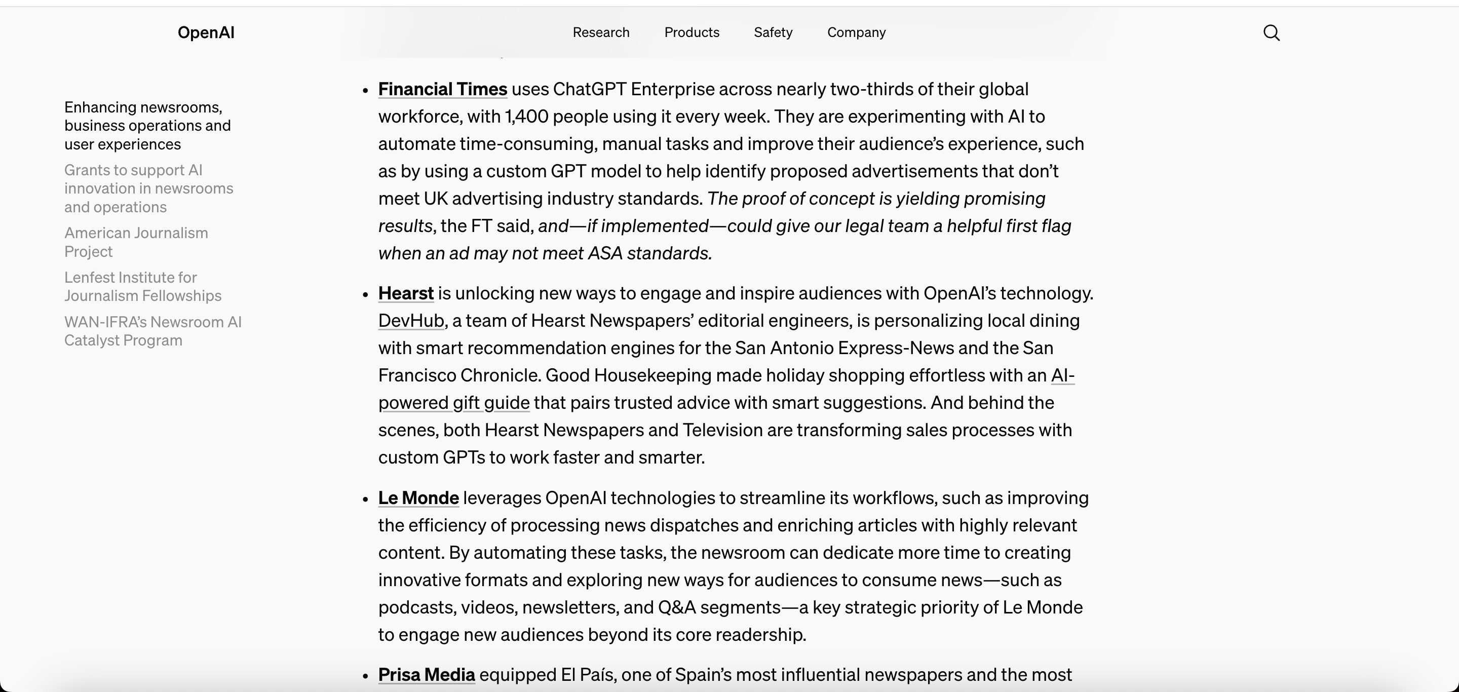 A screenshot of the OpenAI press release mentioning my project at the Financial Times.